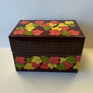 Vintage Syndicate Tin Recipe Box Brown Woven Pattern with Fall Autumn Leaves.